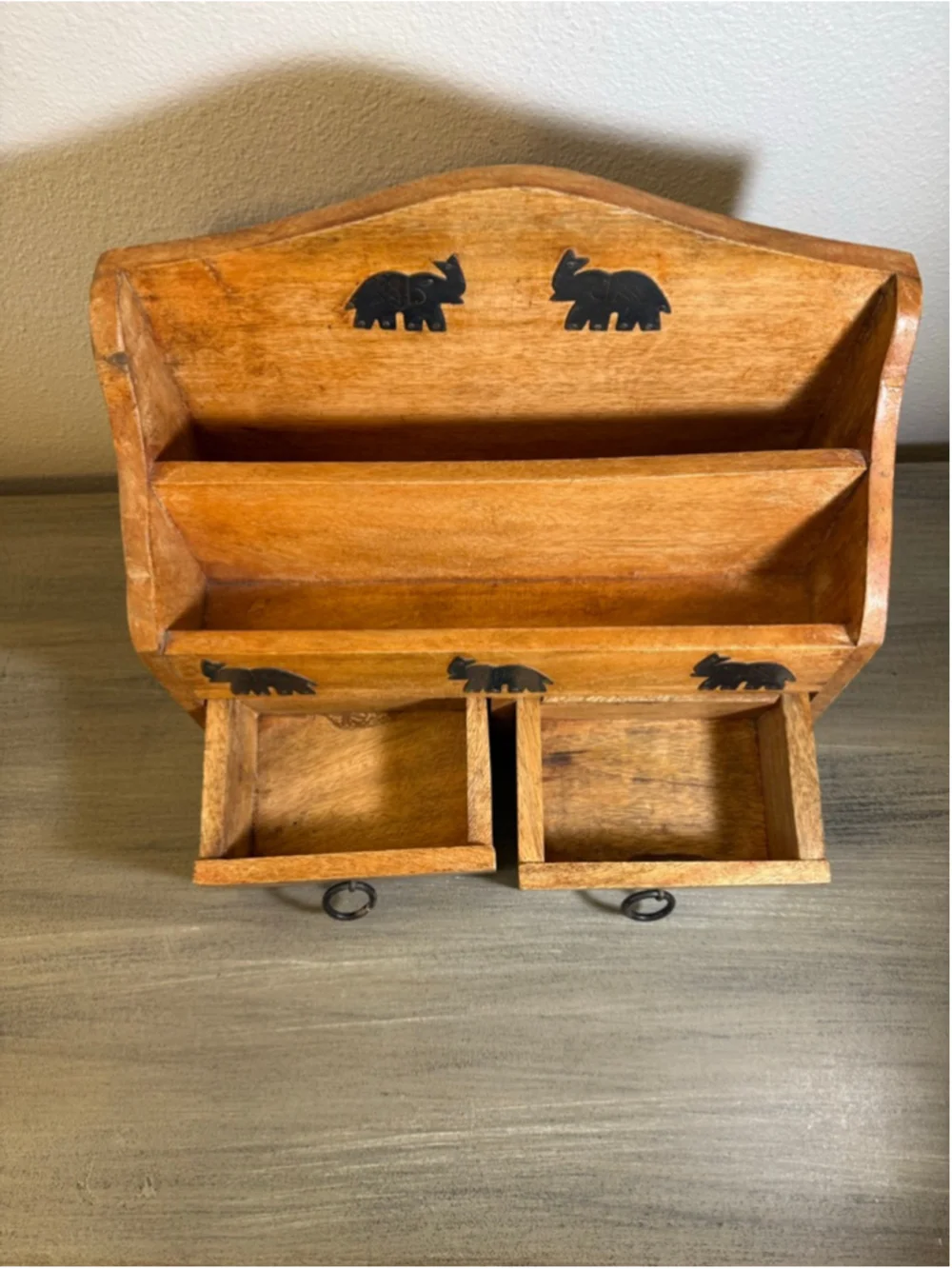 MCM East Asian/Indian bohemian style desk organizer metal elephants